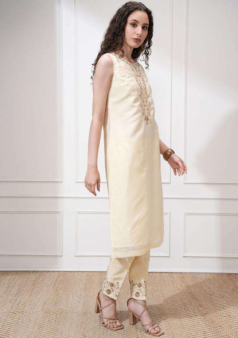 Cream Printed Polyester Kurta Set - Indya