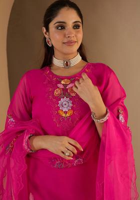 Fuchsia Embroidered Silk Kurta Set