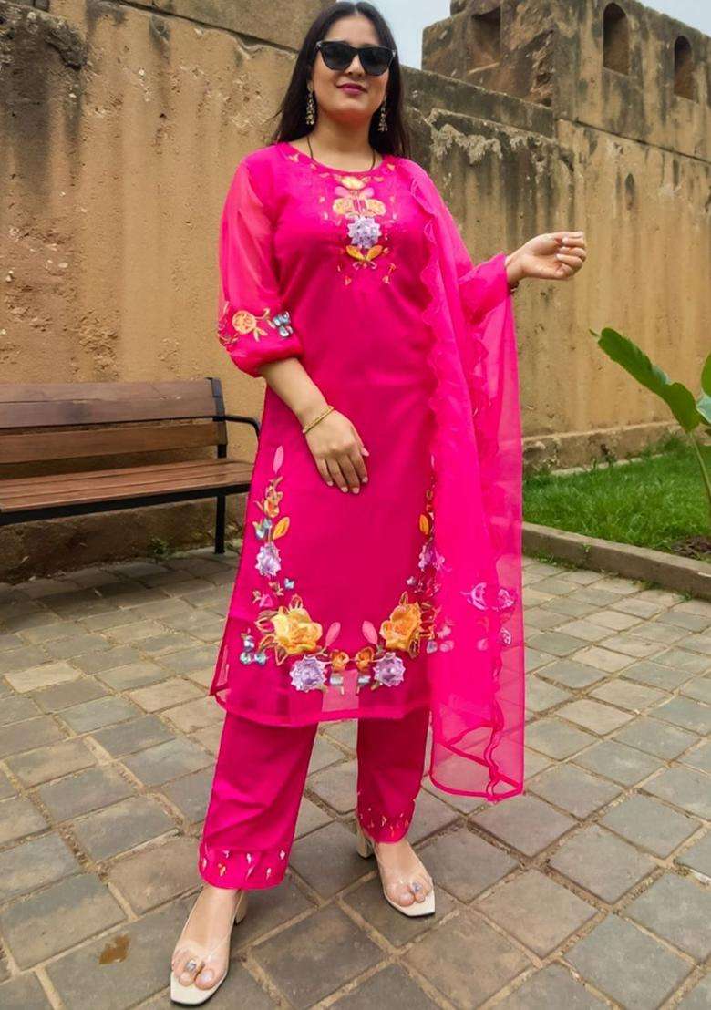 Rose Embroidered Silk Blend Kurta Set - Indya