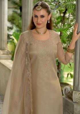 Brown Yoke Design Silk Blend Kurta Set