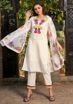 Off White Embroidered Silk Blend Kurta Set
