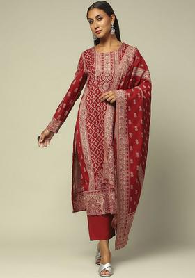 Red Printed Polyester Kurta Set
