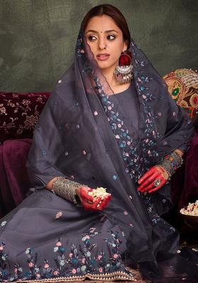 Grey Embroidered Silk Kurta Set