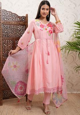 Peach Printed Viscose Anarkali Set