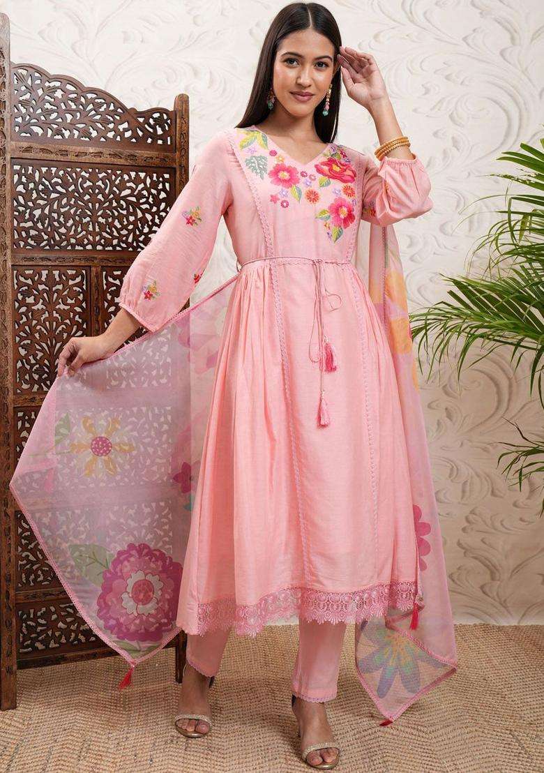 Peach Printed Viscose Anarkali Set - Indya