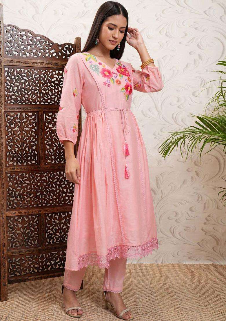 Peach Printed Viscose Anarkali Set - Indya