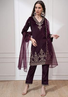 Purple Embroidered Polyester Kurta Set