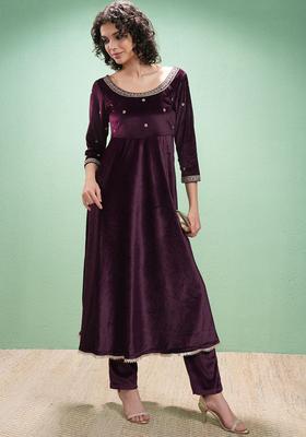 Purple Yoke Design Velvet Kurta Set