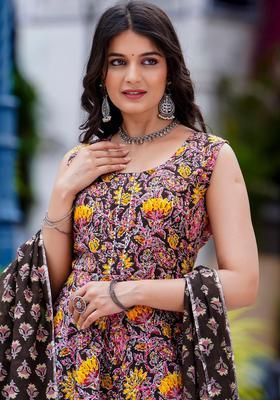 Black Printed Cotton Anarkali Set