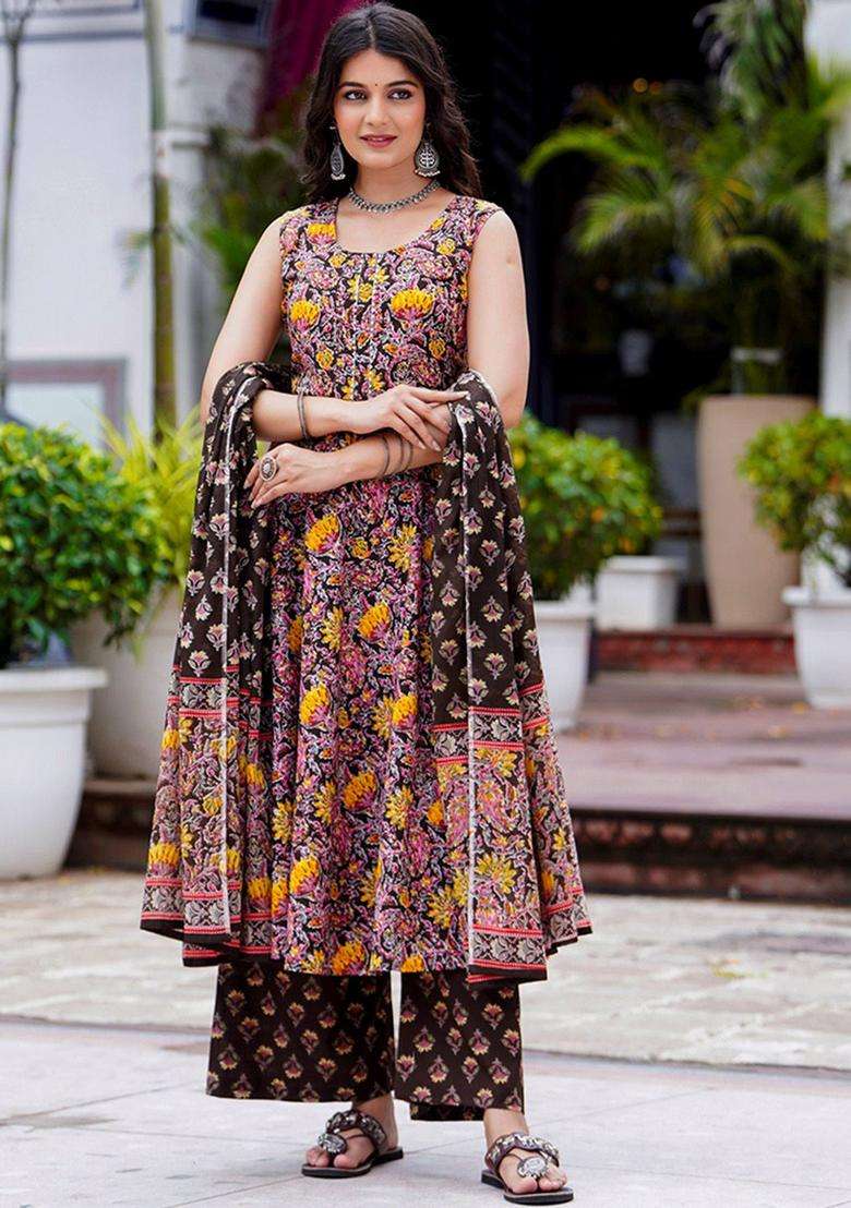 Black Printed Cotton Anarkali Set - Indya