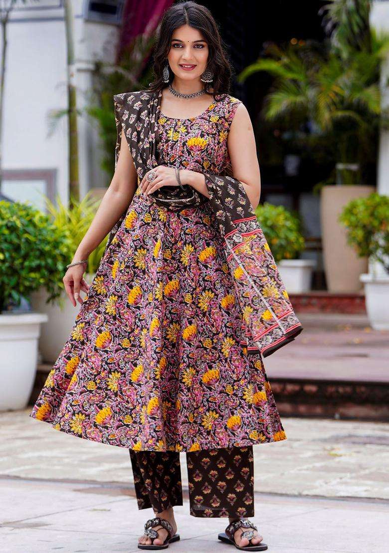 Black Printed Cotton Anarkali Set - Indya