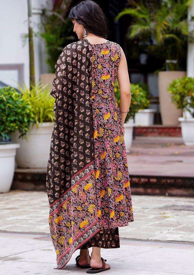Black Printed Cotton Anarkali Set - Indya