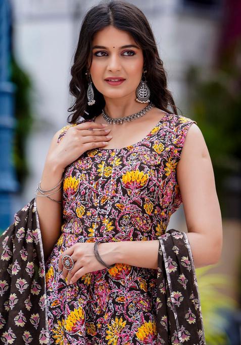 Black Printed Cotton Anarkali Set — view on Indya