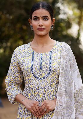 Grey Printed Cotton Kurta Set