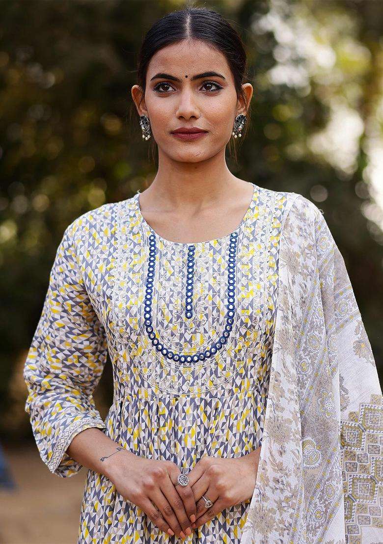 Grey Printed Cotton Kurta Set - Indya