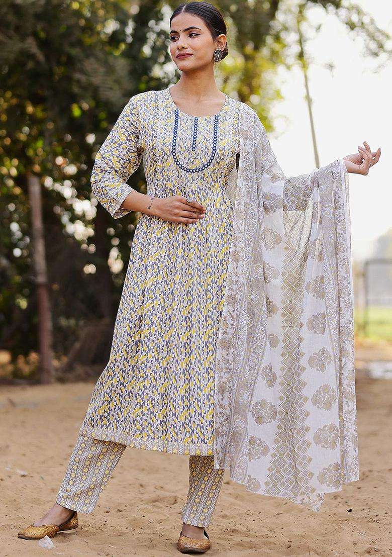 Grey Printed Cotton Kurta Set - Indya