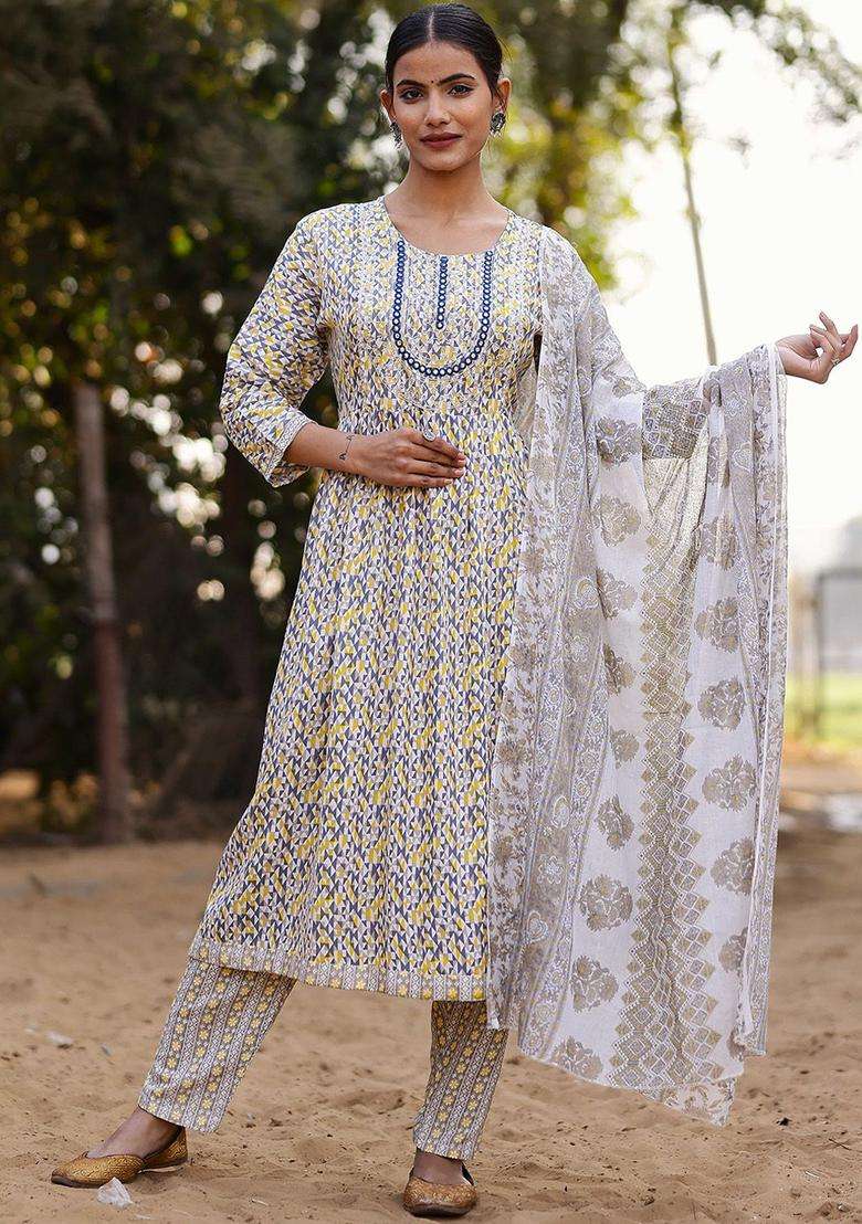 Grey Printed Cotton Kurta Set - Indya
