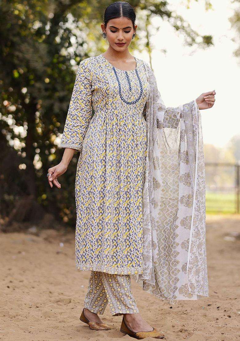 Grey Printed Cotton Kurta Set - Indya