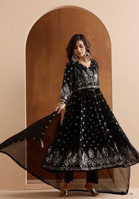 Black Printed Georgette Kurta Set