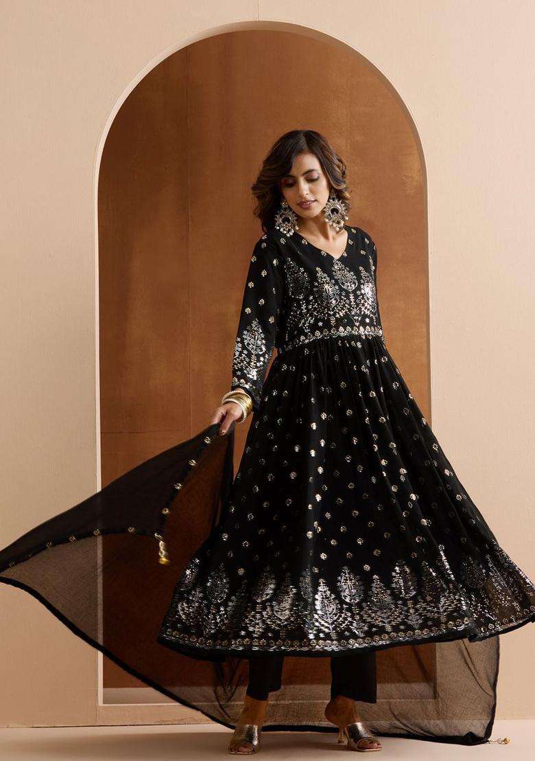 Black Printed Georgette Kurta Set - Indya