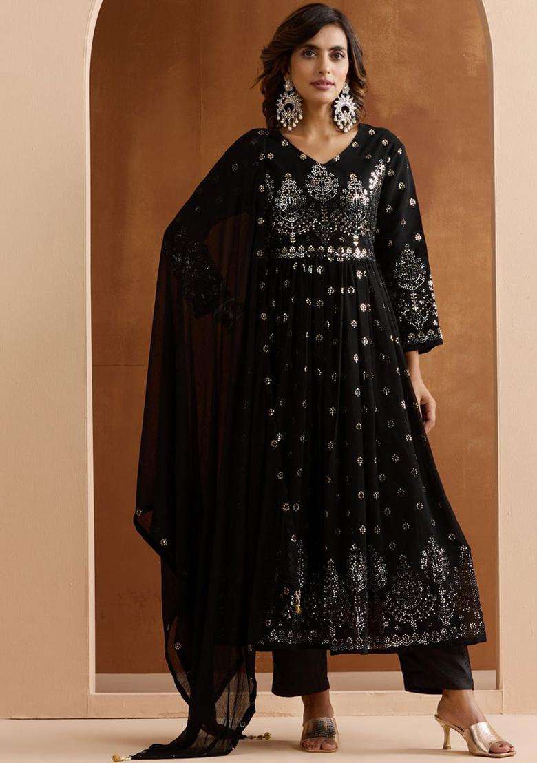 Black Printed Georgette Kurta Set - Indya