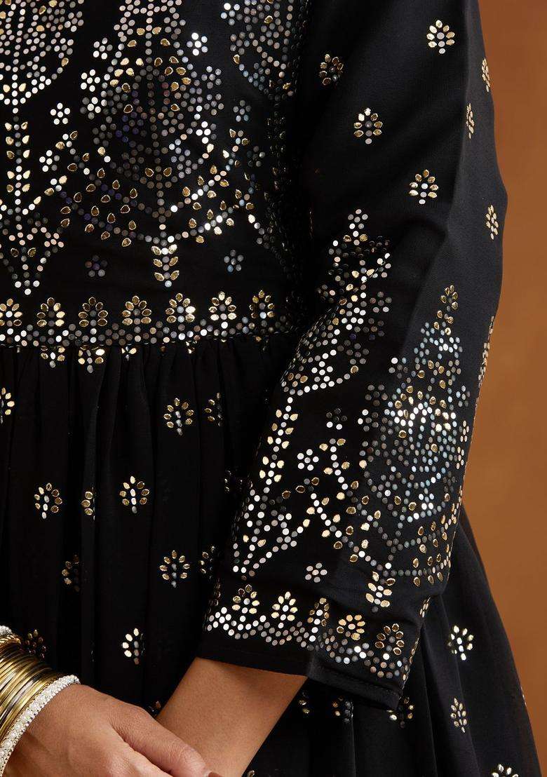 Black Printed Georgette Kurta Set - Indya