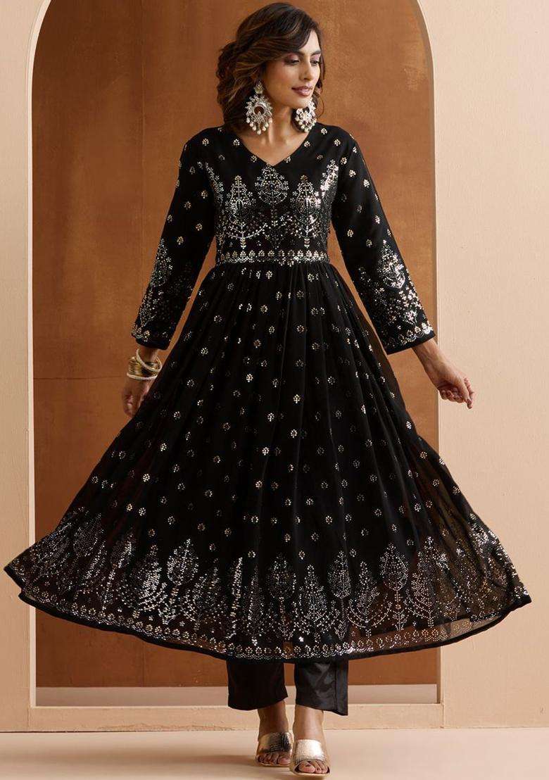Black Printed Georgette Kurta Set - Indya