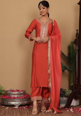 Rust Yoke Design Silk Blend Kurta Set