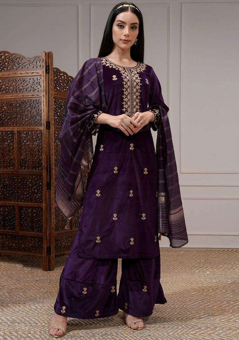 Purple Embroidered Polyester Kurta Set - Indya