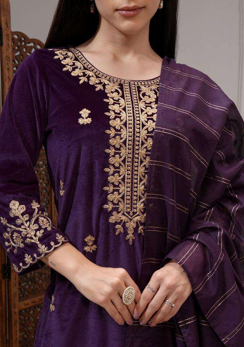 Purple Embroidered Polyester Kurta Set - Indya