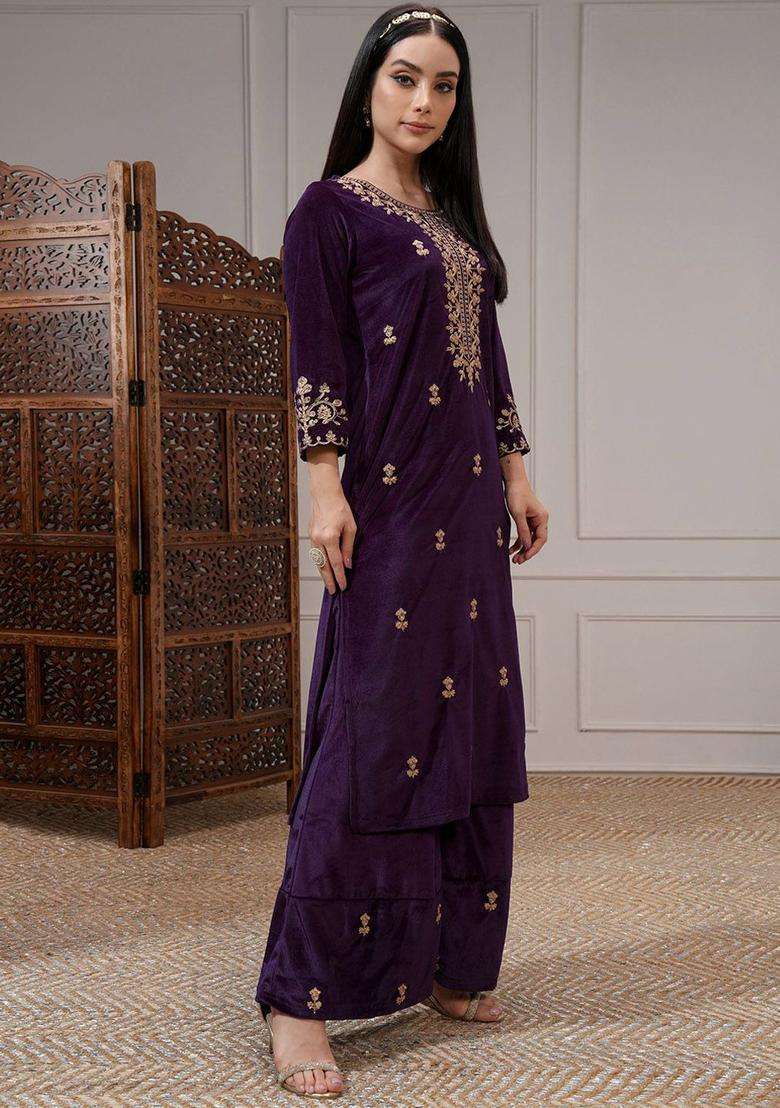 Purple Embroidered Polyester Kurta Set - Indya