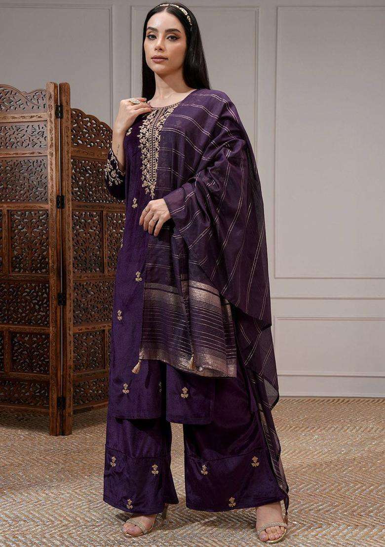 Purple Embroidered Polyester Kurta Set - Indya