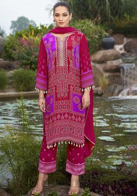 Red Printed Silk Kurta Set