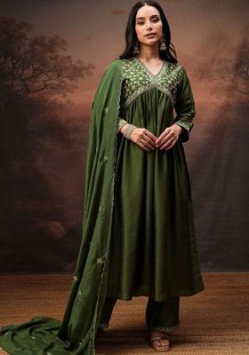 Green Embroidered Polyester Kurta Set