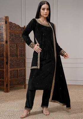 Black Embroidered Polyester Kurta Set