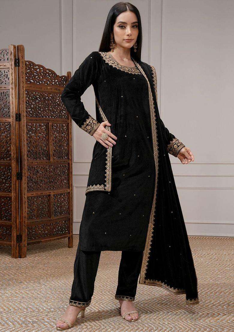 Black Embroidered Polyester Kurta Set - Indya