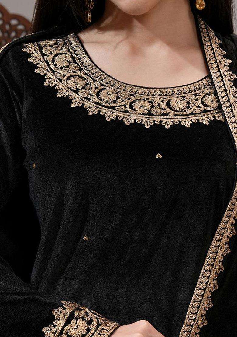 Black Embroidered Polyester Kurta Set - Indya