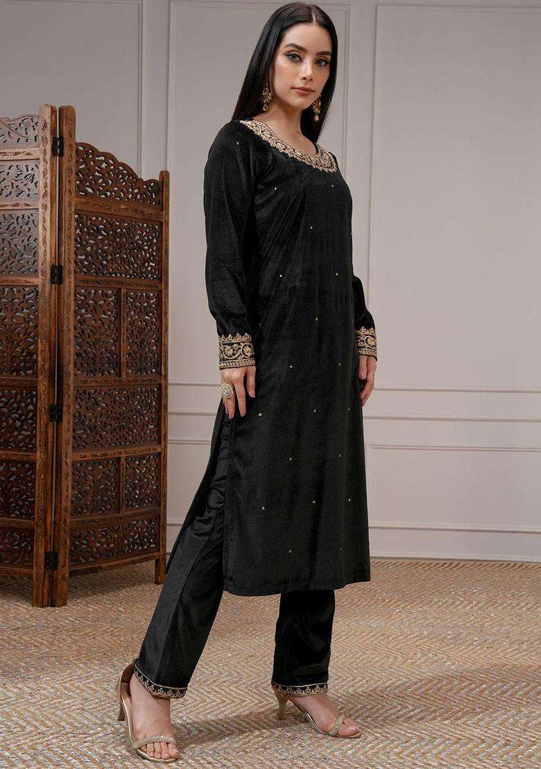 Black Embroidered Polyester Kurta Set - Indya