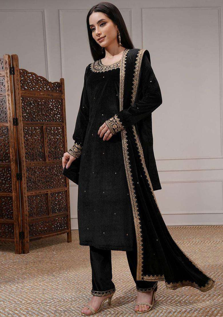 Black Embroidered Polyester Kurta Set - Indya