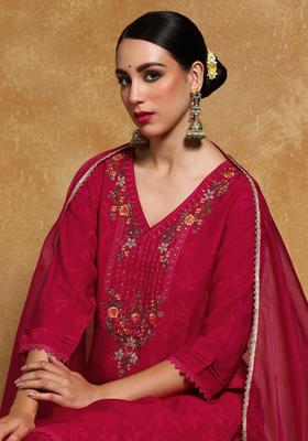 Fuchsia Embroidered Silk Kurta Set