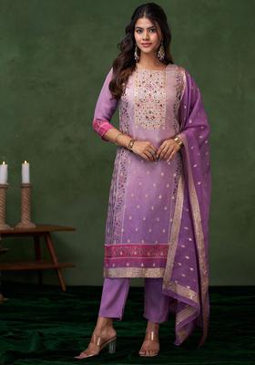 Purple Embroidered Organza Kurta Set