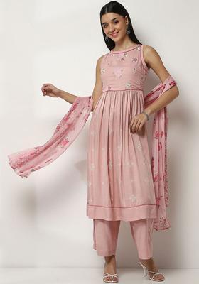 Pink Embroidered Viscose Anarkali Set