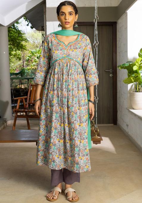 Green Printed Linen Anarkali Set — view on Indya
