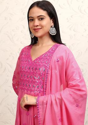 Pink Embroidered Cotton Anarkali Set