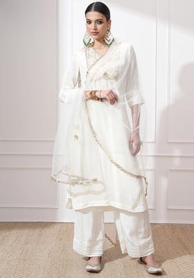 Off White Embroidered Polyester Kurta Set