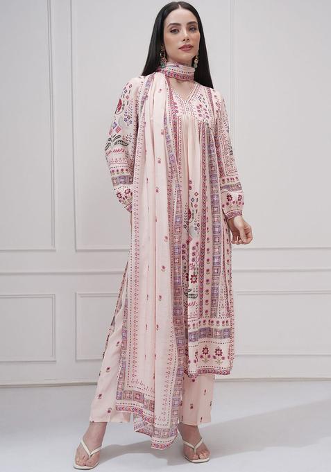 Beige Printed Polyester Anarkali Set — view on Indya