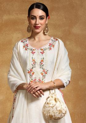 Off White Embroidered Silk Blend Kurta Set