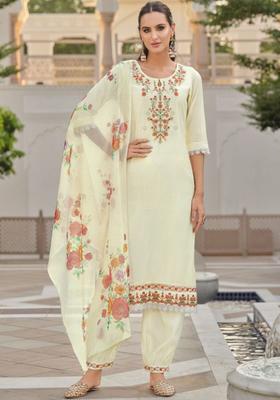 Off White Embroidered Silk Blend Kurta Set