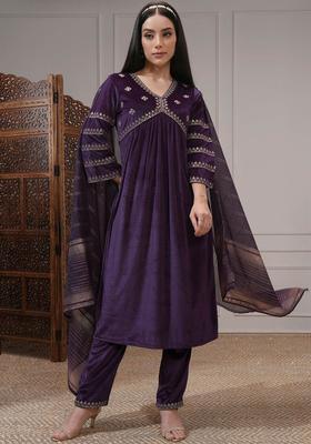 Purple Yoke Design Polyester Kurta Set