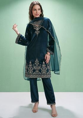 Teal Yoke Design Polyester Kurta Set